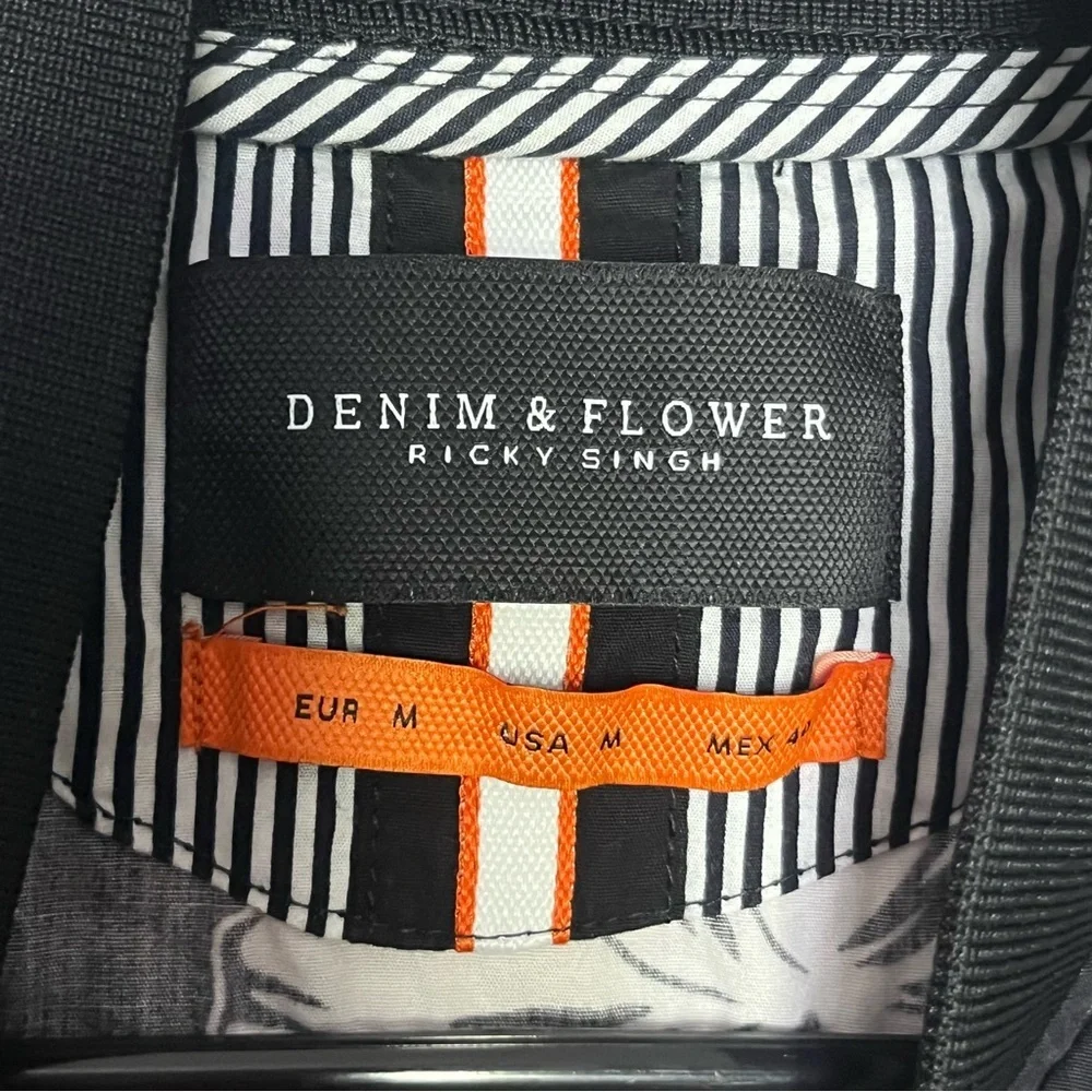 Denim &‎ Flower Ricky Singh Zip Up Jacket Women Medium Black White Tropical